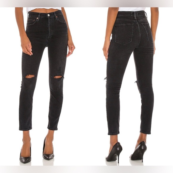 Agolde Denim - Agolde Nico High Rise Slim Straight Denim Jeans Distressed In Cassette Sz 25